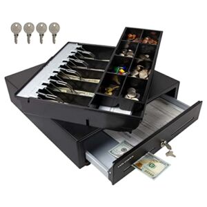 Cash Register Drawer for Point of Sale (POS) System with Fully Removable 2 Tier Cash Tray, 5 Bill/8 Coin, 24V, RJ11/RJ12 Key-Lock, Double Media Slot, Black