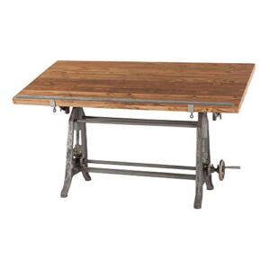 The House of Trade Vintage Drafting Table | Beirut Industrial Artist Desk Also Used as Full Standing Desk with Reclaimed Wood Table Top. Crank Adjustable Desk with Iron Cast Base, and tilt top Desk.