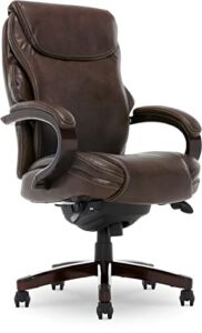 La-Z-Boy Hyland Executive Office Chair with AIR Technology, Adjustable High Back Ergonomic Lumbar Support, Mahogany Wood Finish, Bonded Leather, Brown