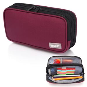 Pen Pencil Case,Vaschy Large Capacity Pen Pencil Pouch Holder with Double Zippers Multi Compartments Easy Organized Mesh Pockets Burgundy
