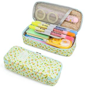 Twinkle Club Cute Pencil Case Floral Pencil Pouch Waterproof Leather for Teen Girls Aesthetic Pencil Holder (Blue)