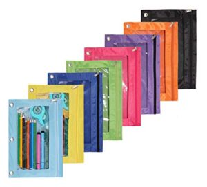 Zippered Binder Fabric Pencil Pouch 3 Rings with Clear Window for School Classroom Organizers 8 Pack (Multicolor)