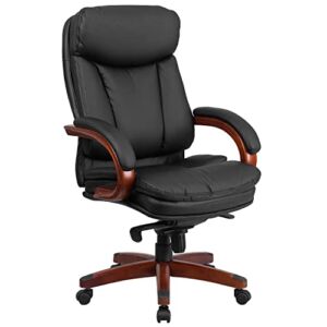 Flash Furniture High Back Black LeatherSoft Executive Ergonomic Office Chair with Synchro-Tilt Mechanism, Mahogany Wood Base and Arms