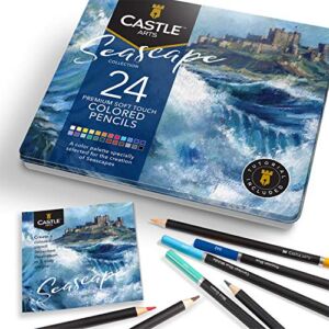 Castle Arts Themed 24 Colored Pencil Set in Tin Box, perfect colors for Seascapes. Featuring quality, smooth colored cores, superior blending & layering performance achieving great results
