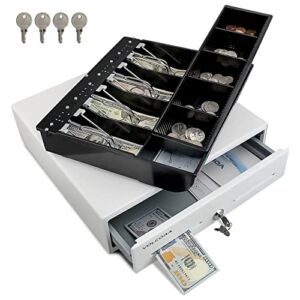 Mini Cash Register Drawer 13” for Point of Sale (POS) System with Fully Removable 2 Tier Cash Tray, 4 Bill/5 Coin, 24V, RJ11/RJ12 Key-Lock, Double Media Slot, Small Square Money Drawer, White