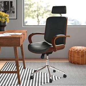 IDS Home Modern High Back Walnut Wood Office Chair with PU Leather Curved Ergonomic Bentwood Seat Swivel, Executive Wheels, Headrest Lumbar Support, Height Adjustment – Black