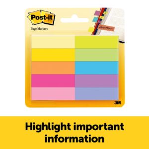 Post-it Page Markers, 1/2 in x 1 3/4 in, Assorted Bright Colors, 50 Sheets/Pad, 10 Pads/Pack (670-10AB)