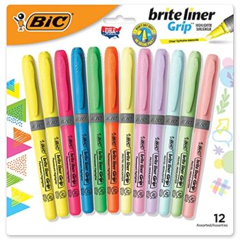BIC Brite Liner Grip Highlighter, Chisel Tip (1.6 mm), Assorted Colors (Fluorescent & Pastel), For Broad Highlighting & Fine Underlining, 12-Count | The Storepaperoomates Retail Market - Fast Affordable Shopping