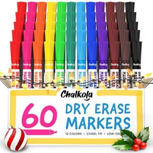 Chalkola Dry Erase Markers Bulk Pack of 60 (12 Vibrant Colors), Chisel Tip White Board Markers Dry Erase Pens – Whiteboard Markers for Kids, Home, Office Supplies, Back to School Supplies