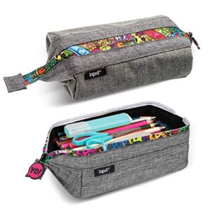 ZIPIT Lenny Pencil Case for Adults and Teens, Large Capacity Pouch, Sturdy Pen Organizer, Wide Opening with Secure Zipper Closure (Grey)