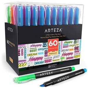ARTEZA Highlighters, Set of 60, 12 Assorted Colors, Narrow Chisel Tip Markers, Bulk Pack of Neon Markers, Office Supplies for School, Office, or Home