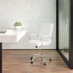 EMMA + OLIVER Mid-Back White LeatherSoft Executive Swivel Office Chair with Chrome Frame/Arms