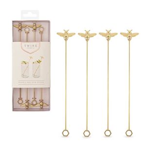 Twine Stir, Gold Bumble Bee Swizzle Sticks Stainless Steel Drink Stirrers, Plated Cocktail Accessories, Highly Detailed, Set of 4