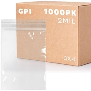 Clear Plastic Reusable Zip Bags – Bulk GPI Case of 1000 3″ x 4″ 2 mil Thick Strong & Durable Poly Baggies with Resealable Zip Top Lock for Travel, Storage, Packaging & Shipping.