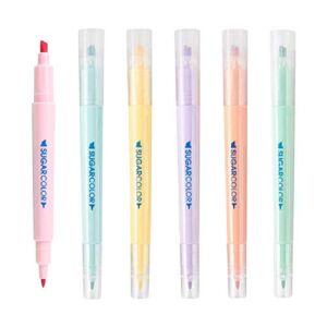 CMHX SUGARCOLOR Mild Color Highlighter, Dual-Tips Highlighter, Chisel Tip and Fineliner Tip Marker,6 Assorted Highlighter, 6-Count (Double Ended)