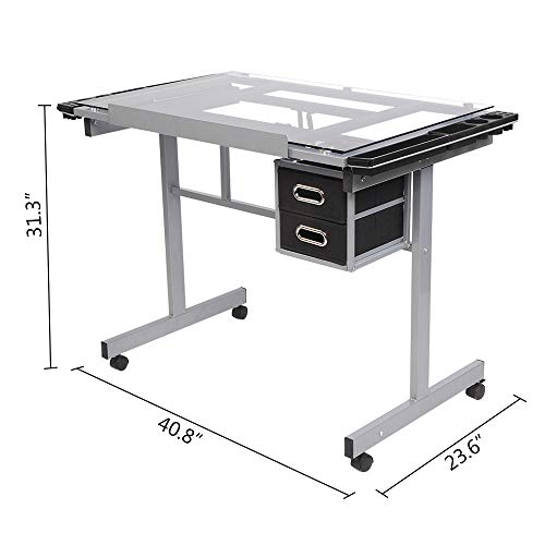 Bonnlo Glass Top Drafting Table, Professional Drawing Desk Art Craft Work Station, Angle Adjustable w/Storage Drawers for Reading, Writing | The Storepaperoomates Retail Market - Fast Affordable Shopping
