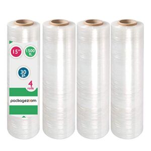 PackageZoom Pre Stretched 15” x 1500 ft 4 Rolls Stretch Wrap Film Clear Cling Plastic for Moving and Packaging Stretch Wrap