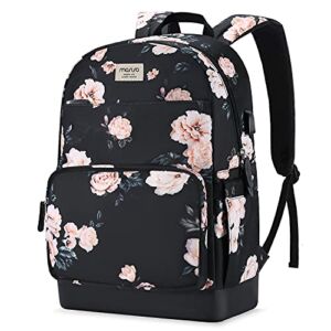 MOSISO 15.6-16 inch Laptop Backpack for Women Girls, Polyester Anti-Theft Stylish Casual Daypack Bag with Luggage Strap & USB Charging Port, Camellia Travel Business College School Bookbag, Black