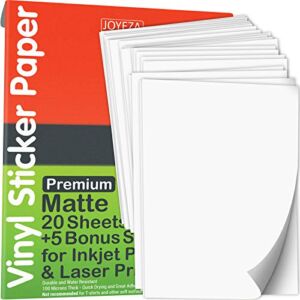 JOYEZA Premium Printable Vinyl Sticker Paper for Inkjet Printer – 25 Sheets Matte White Waterproof, Dries Quickly Vivid Colors, Holds Ink well- Tear Resistant – Inkjet & Laser Printer