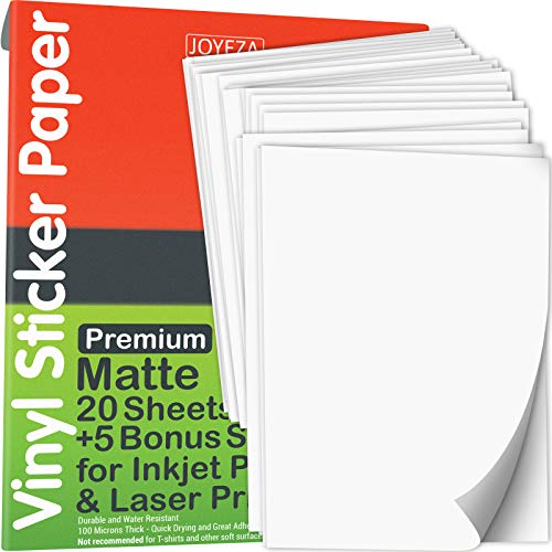 JOYEZA Premium Printable Vinyl Sticker Paper for Inkjet Printer – 25 Sheets Matte White Waterproof, Dries Quickly Vivid Colors, Holds Ink well- Tear Resistant – Inkjet & Laser Printer | The Storepaperoomates Retail Market - Fast Affordable Shopping