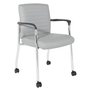 Office Star FL Series Faux Leather Padded Guest Chair with Built-in Lumbar Support and Casters, Charcoal Grey with Chrome Frame