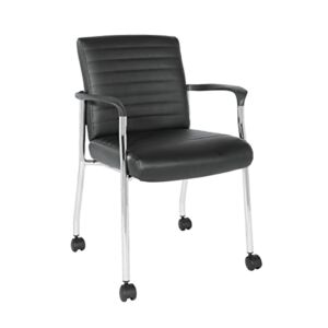 Office Star FL Series Faux Leather Padded Guest Chair with Built-in Lumbar Support and Casters, Black with Chrome Frame