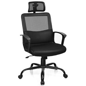Giantex Ergonomic Office Chair Lumbar Support, Mesh Desk Chair, High Back Office Chair with Adjustable Headrest, Swivel Computer Task Chair, Adjustable Armrests, Heavy Base Desk Chairs (Black)