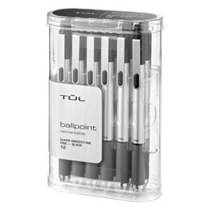 TUL BP3 Ballpoint, Retractable, Fine Point, 0.8 mm, Silver Barrel, Black Ink, Pack Of 12