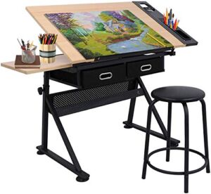 Smartxchoices Drafting Table Drawing Desk Reclining Tiltable Tabletop Bundle Set with Stool and 2 Storage Drawers Art Writing Reading Workstation for Office and Home