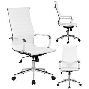 2xhome – Modern High Back Tall Ribbed PU Leather Swivel Tilt Adjustable Chair Designer Boss Executive Management Manager Office Conference Room Work Task Computer (White)