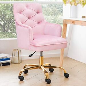 ovios Cute Desk Chair,Plush Velvet Office Chair for Girl or Lady,Modern,Comfortble,Nice Vanity Chair and Task Chair with Base. (Pink-Golden)
