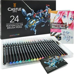Castle Art Supplies Watercolor Brush Pens Set | 24 Lively colors, with Flexible Nylon Tips | For adult Coloring,Painting, Lettering – Artists and Beginners | Travel Case with Extra Water Brush Pen