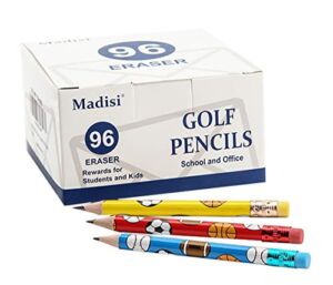 Madisi Golf Pencils with Eraser, 2 HB Half Pencils, 3.5″ Mini Pencils, Pre-Sharpened, colorful pencils, 96 Count