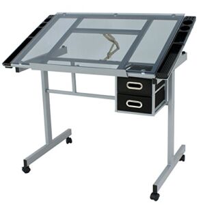 LEMY Adjustable Drafting Table Drawing Desk Clear Glass Top Craft Art Station for Studio Office W/Storage Drawers