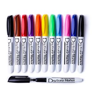 Volcanics Dry Erase Markers Low Odor Fine Whiteboard Markers Thin Box of 12, 10 Colors