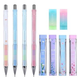 Mechanical Pencil, ExcelFu 4 Pieces 0.9 mm Mechanical Pencils with 4 Tubes 2B Lead Refills and 2 Pieces Erasers for Writing, Drawing, Signature, 4 Colors