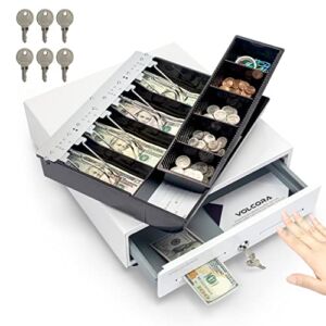 13″ Manual Push Open Cash Register Drawer for Point of Sale (POS) System, White Heavy Duty Till with 4 Bills and 5 Coin Slots, Key Lock with Fully Removable Money Tray and Double Media Slots