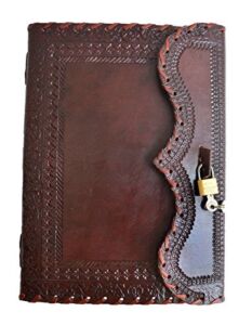 10″ Leather Journal with Lock Writing Pad Blank Notebook Handmade Notepad Men & Women Unlined Paper Best Present Art Sketchbook Travel Diary to Write Book of Shadow Refillable Grimoire Maroon