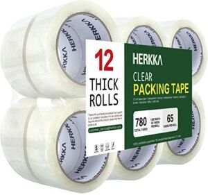 Clear Packing Tape, HERKKA 12 Rolls Heavy Duty Packaging Tape for Shipping Packaging Moving Sealing, Thicker Clear Packing Tape, 1.88 inches Wide, 65 Yards Per Roll, 780 Total Yards