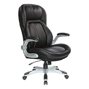 Office Star ECH Series Deluxe Executive High Back Bonded Leather Chair with Built-in Lumbar Support and Padded Flip Arms, Black with Silver Nylon Base