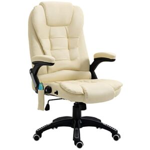 HOMCOM High Back Executive Massage Office Chair with 6 Point Vibration, 5 Modes, Faux Leather Heated Reclining Desk Chair, Cream White