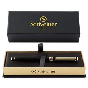 Scriveiner Black Lacquer Rollerball Pen – Stunning Luxury Pen with 24K Gold Finish, Schmidt Ink Refill, Best Roller Ball Pen Gift Set for Men & Women, Professional, Executive Office, Nice Pens