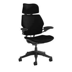 Humanscale Freedom Task Chair with Headrest | Graphite Frame, Corde 4 Black Fabric Seat | Height-Adjustable Duron Arms | Standard Foam Seat, Hard Casters, and 5″ Cylinder