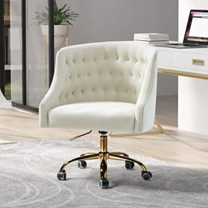 Velvet Home Office Chair with Gold Base, Comfortable Modern Cute Desk Chair, Adjustable Swivel Task Chair for Living Room Bedroom Vanity Study, Ivory