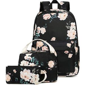 BLUBOON School Backpack Teen Girls Bookbags Set 15 inches Laptop Backpack Kids Lunch Tote Bag Clutch Purse (E0066 Black)