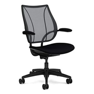 Humanscale Liberty Task Chair | Monofilament Black Mesh Back and Fourtis Black Seat | Black Frame with Black Trim | Height-Adjustable Duron Arms | Standard Foam Seat, 3″ Carpet Casters, 5″ Cylinder