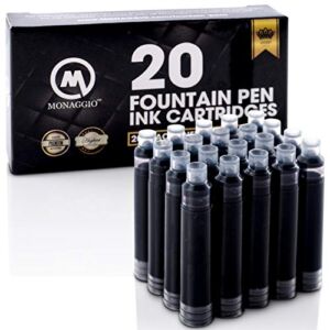 Vivid Black Ink Cartridges for Fountain Pens. Amazing Big Pack of 20 Short International Standard Size Cartridges. Perfect for Calligraphy Pen. Universal Fine Design with Incredible Long Lasting Color