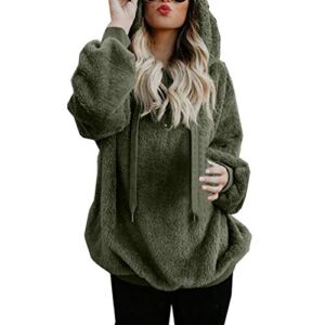 XUETON Womens Fuzzy Hooded Pullover Sweatshirt Cozy Oversized Pockets Sweatshirts Long Sleeve Athletic Fleece Shirts(Army Green,5X-Large)
