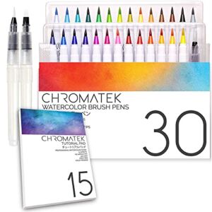 30 Watercolor Brush Pens, 15 Page Tutorial Pad and Online Video Series by Chromatek. Real Brush Tip. Vivid. Blendable. Professional Artist Quality. 27 Colors 3 Blending Water Brush Pens.