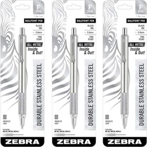 3 – Zebra F-701 Ballpoint Pens, Stainless Steel with Knurled Grip, Pk of 3 Pens